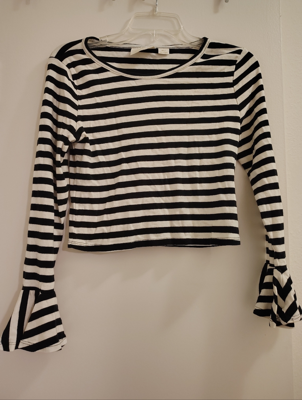 Anthropology Maeve Black and White Striped Long-Sleeve Top with Bell Cuffs